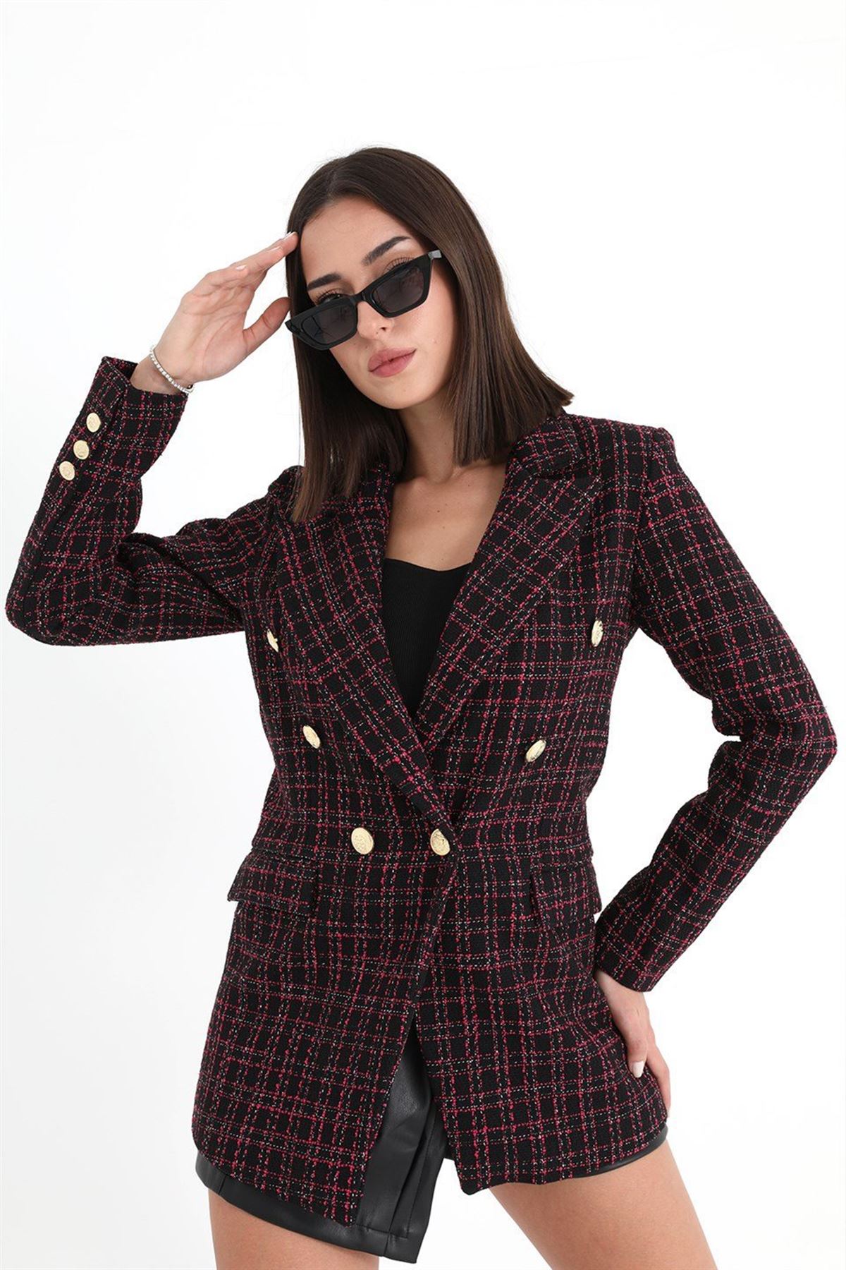 Chanel Kumaş Omuzları Vatkalı Ekose Desen Blazer Ceket - Fuşya
