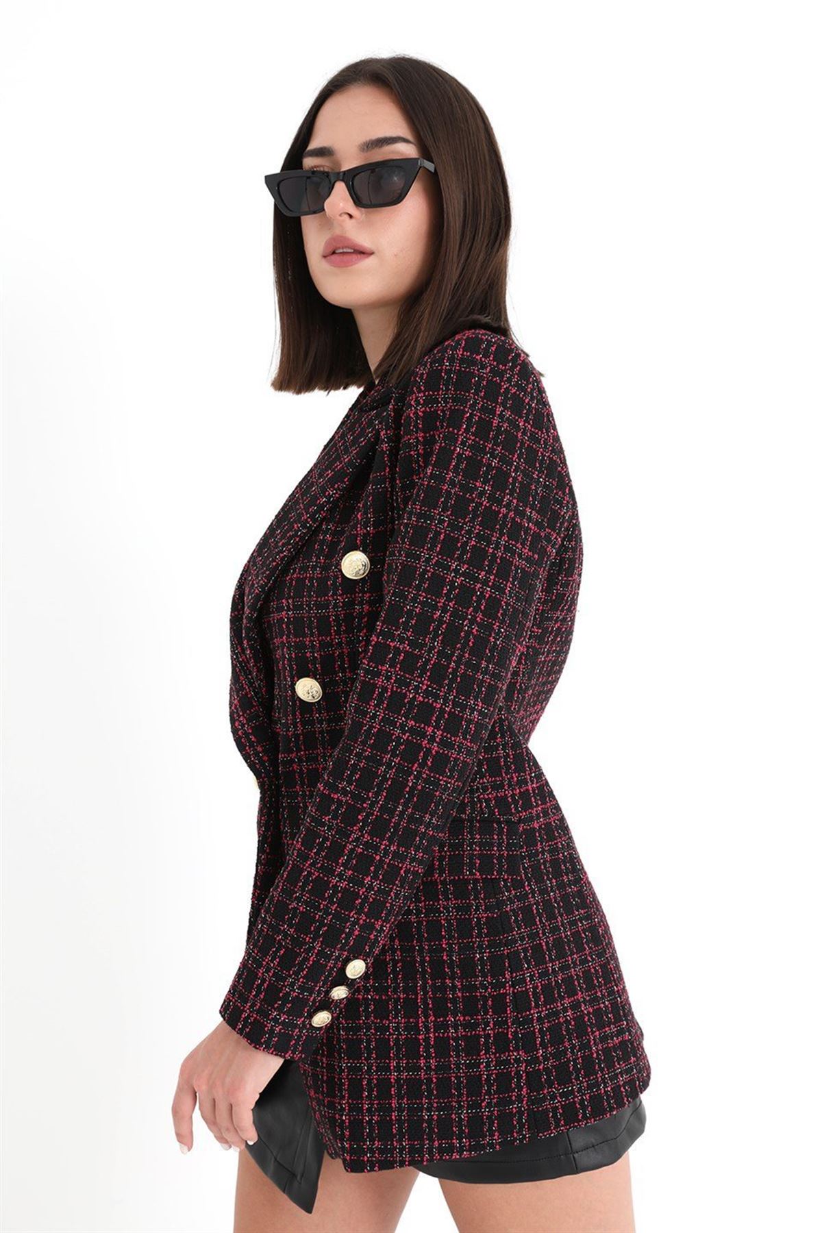Chanel Kumaş Omuzları Vatkalı Ekose Desen Blazer Ceket - Fuşya