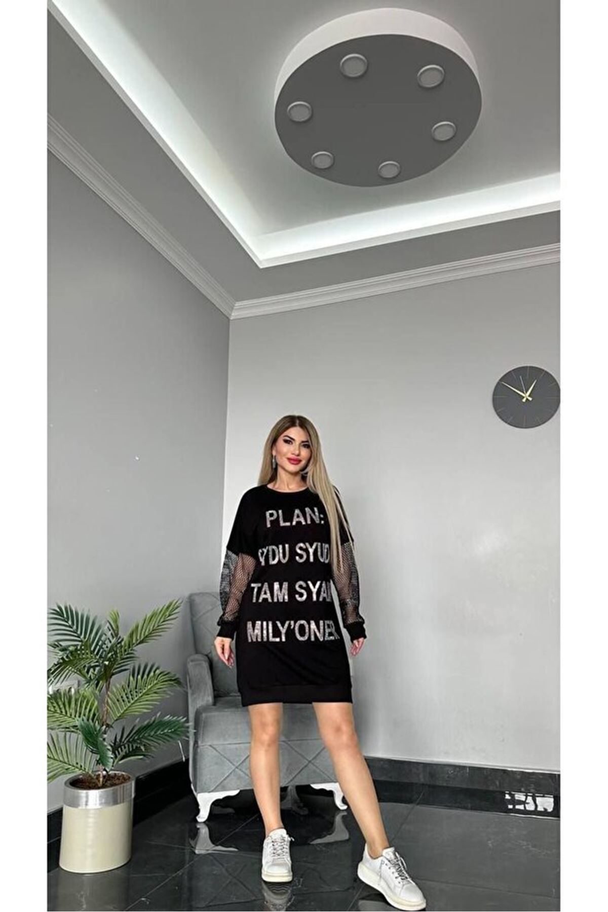 Tasarım kol file detaylı tunik Elbise Siyah