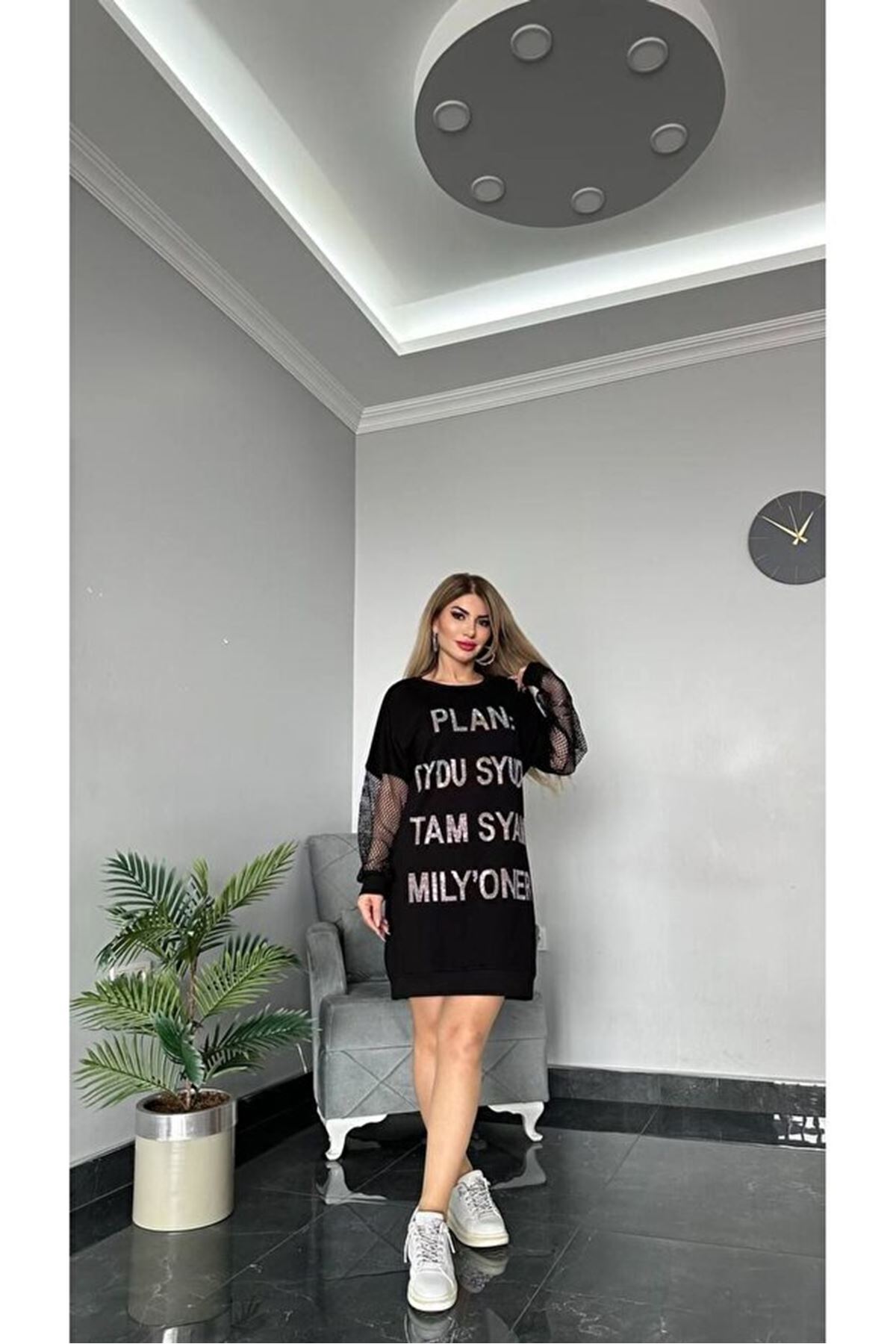 Tasarım kol file detaylı tunik Elbise Siyah