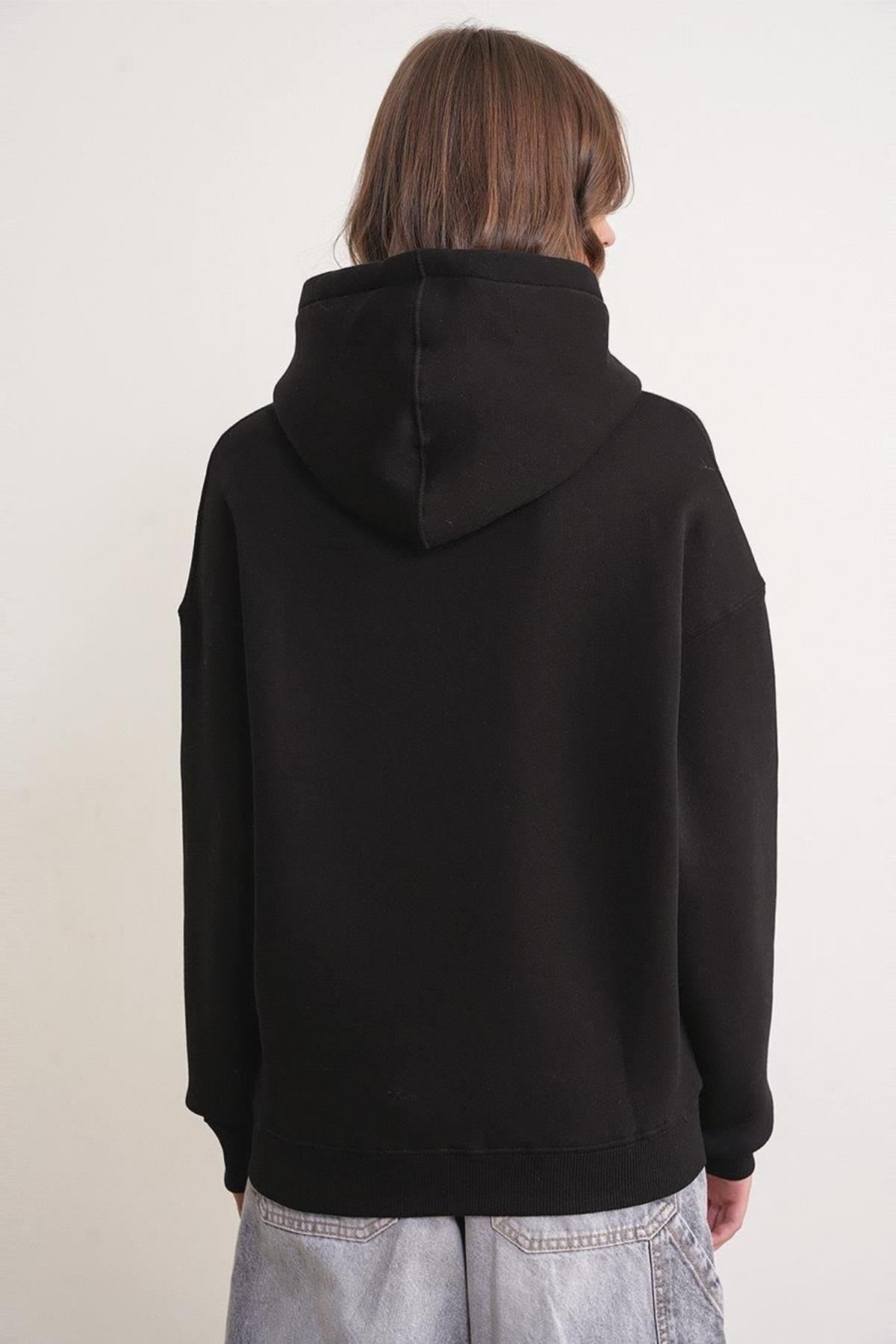 3 iplik Polarlı Kapüşonlu Sweatshirt Siyah