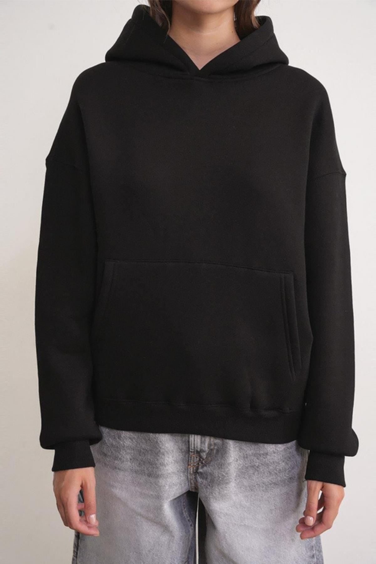 3 iplik Polarlı Kapüşonlu Sweatshirt Siyah