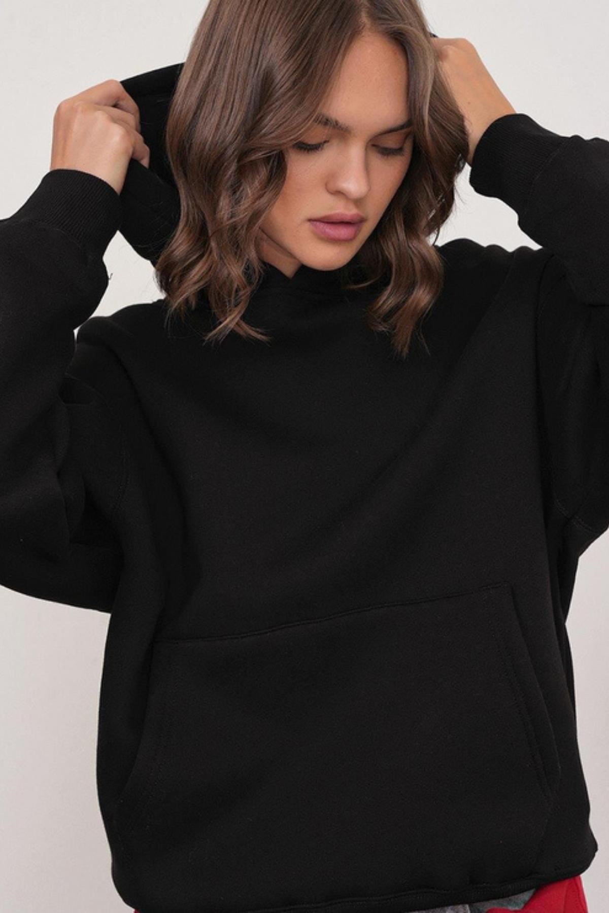 3 iplik Polarlı Kapüşonlu Sweatshirt Siyah