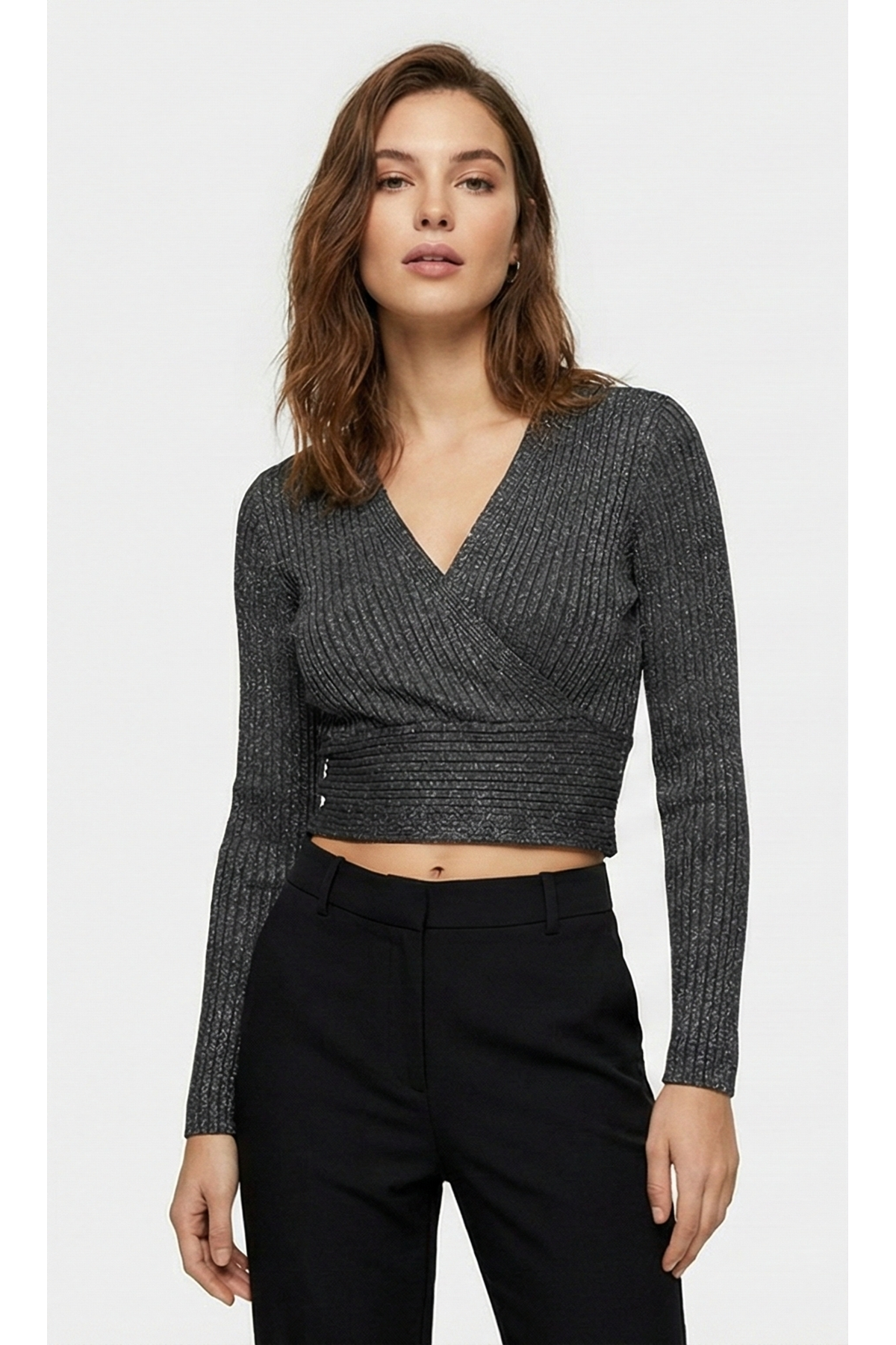 Kruvaze Yaka Fitilli Triko Crop Bluz Antrasit