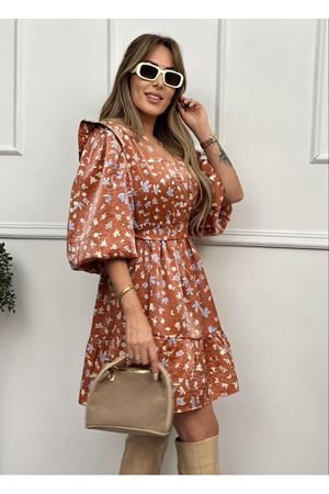Çıtır Çiçek desenli Karpuz Kol Soft Kahverengi Elbise
