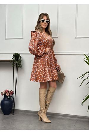 Çıtır Çiçek desenli Karpuz Kol Soft Kahverengi Elbise
