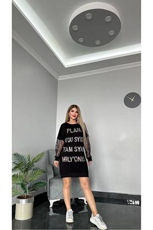 Tasarım kol file detaylı tunik Elbise Siyah