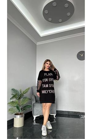 Tasarım kol file detaylı tunik Elbise Siyah