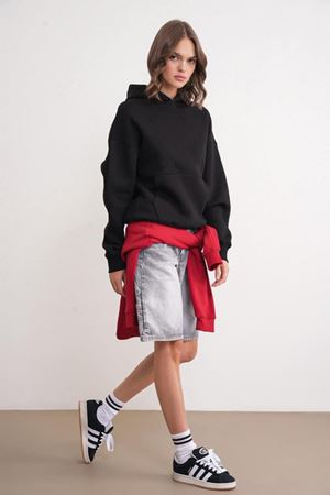 3 iplik Polarlı Kapüşonlu Sweatshirt Siyah