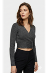 Kruvaze Yaka Fitilli Triko Crop Bluz Antrasit