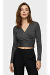 Kruvaze Yaka Fitilli Triko Crop Bluz Antrasit